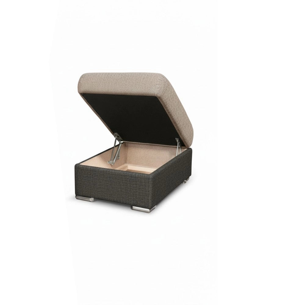 Divano Letto Angolare Sophie con Penisola Sinistra, 2 Pouf Estraibili e Pouf Contenitore – Tortora e Grigio Scuro