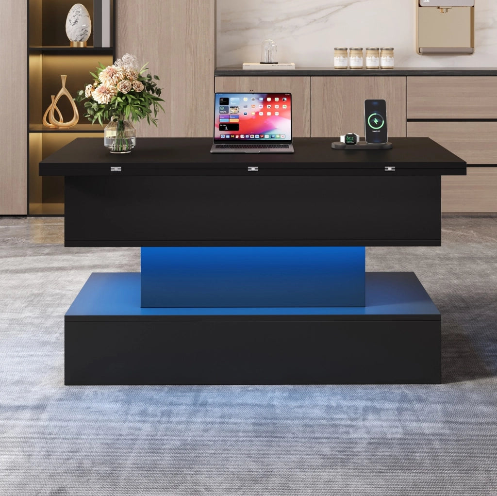 Tavolino rialzabile 100x50x51.5 cm con LED e vano portaoggetti in truciolato nero