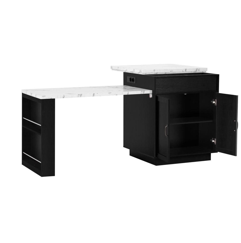 Tavolo estraibile 125.5x71x93 cm con LED; piano effetto marmo e ruote nascoste in MDF nero