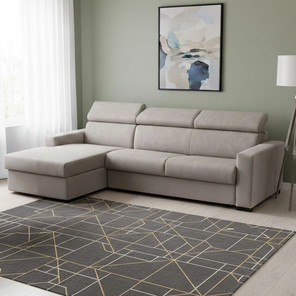 Divano Letto Aloet, Divano ad angolo, Made in Italy, SofÒ  con apertura girevole, con Penisola contenitore Sinistra, con Braccioli slim, cm 260x95h85, Tortora