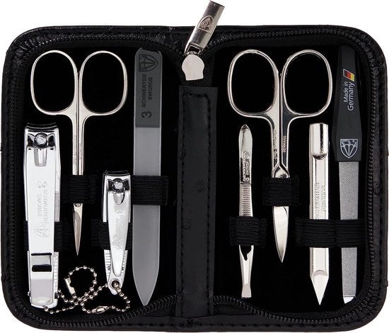 Set di manicure di alta qualità in astuccio di pelle artistica nera - set di forbici per unghie, set di taglieri per unghie e piedi, pinza e vetrata per unghie