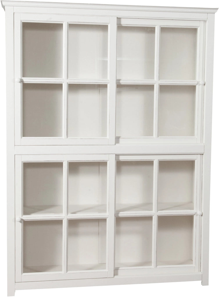 Biscottini Libreria vetrina con ante scorrevoli in legno massello di tiglio, finitura bianca anticata L154xPR37xH212 cm. Made in Italy
