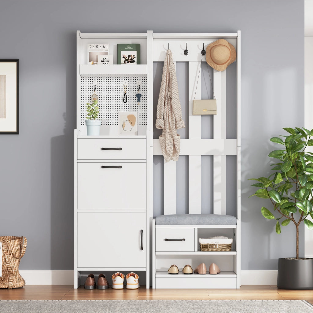 Mobili da ingresso con panca portascarpe e 2 cassetti, 7 ganci e pannello forato, bianco 110 × 35 × 175,5 cm