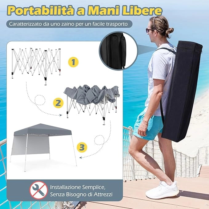 Gazebo Pop-up da Esterno 3 x 3 m, Gezebo Pieghevole con 1 Parete Laterale, Zaino Portatile e 4 Picchetti, Tendone Impermeabile e Resistente per Campeggio e Feste (Grigio)