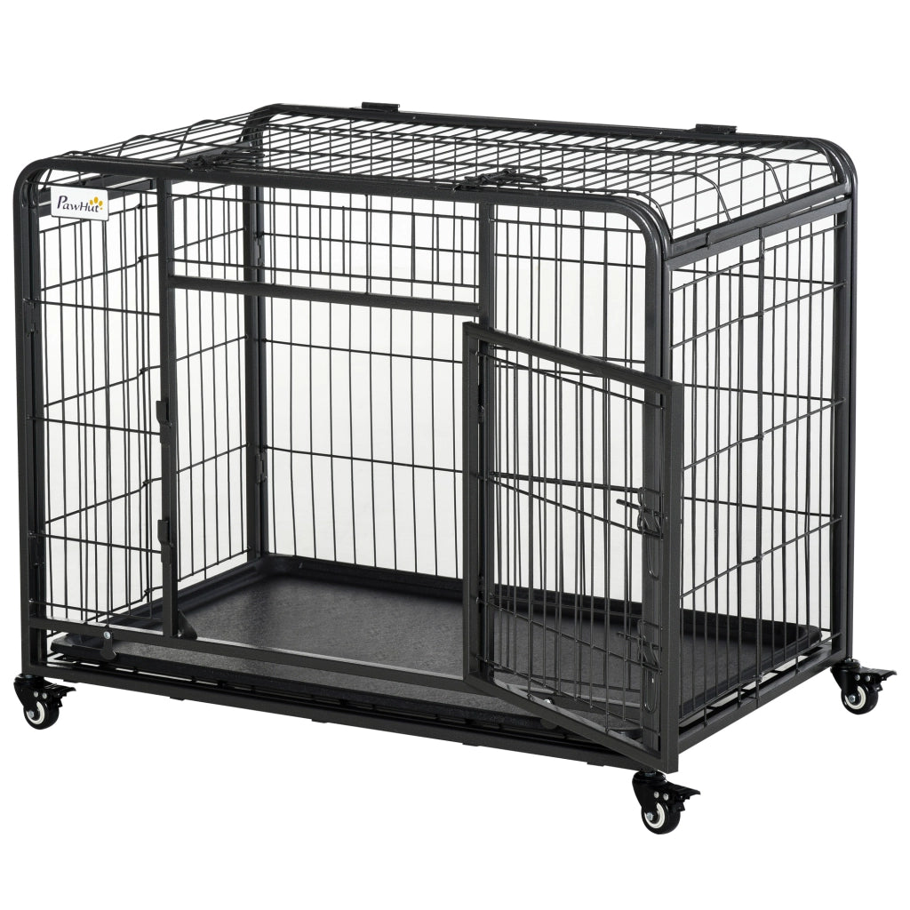 EasyComfort Kennel Gabbia per Cani Pieghevole Doppia Porta con Blocco 4 Ruote con Freno e Fondo Rimovibile, 109.5x71x78cm