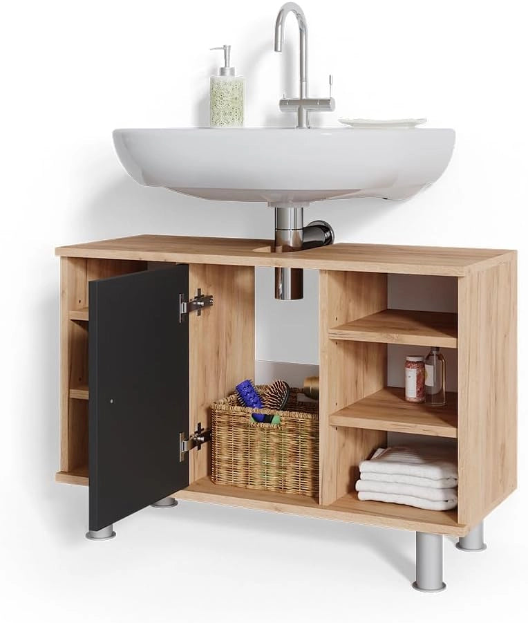 Mobiletto per lavabo Fynn, Antracite, 80 x 54 cm, per la conservazione in bagno con ritaglio per sifone