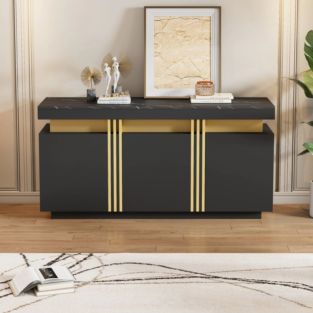 Credenza con 3 Ante; 6 Scomparti e Ripiani Regolabili; Stile Moderno; in Pannello di Particelle; Nero; 140??38??70 cm