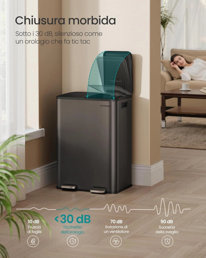 SONGMICS Cestino da Cucina, 2 x 30 L, 2 Scomparti, Pattumiera a Pedale con Coperchio a Chiusura Morbida e Secchio Interno, Acciaio Inossidabile, 15 Sacchi Inclusi, Grigio Ardesia LTB741G01