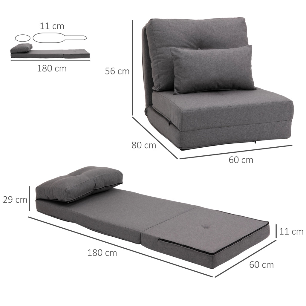 Fauteuil convertible con schienale regolabile e cuscini, struttura in metallo, lino grigio scuro 60 × 80 × 56 cm