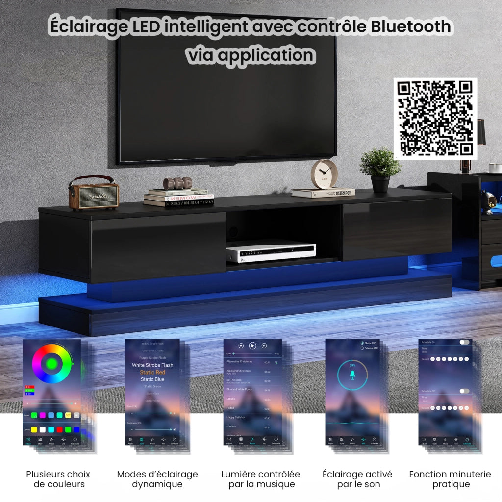 Mobile TV con 2 Cassetti e LED Controllato tramite App; Nero Lucido; 160??35??40;5 cm; in Pannelli Truciolari
