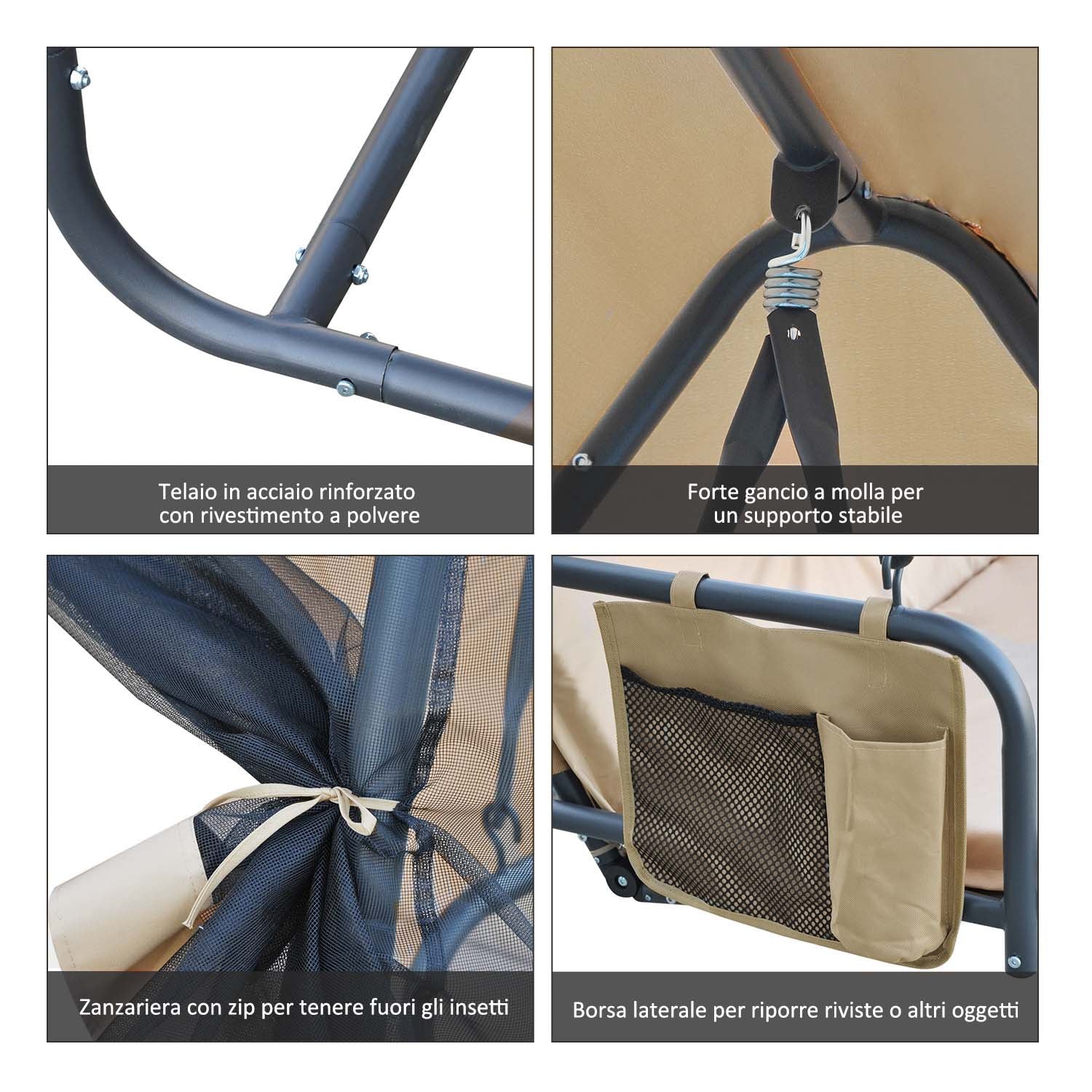 Dondolo 3 Posti da Giardino con Zanzariera Schienale Reclinabile per Funzione Letto Caffè? Chiaro