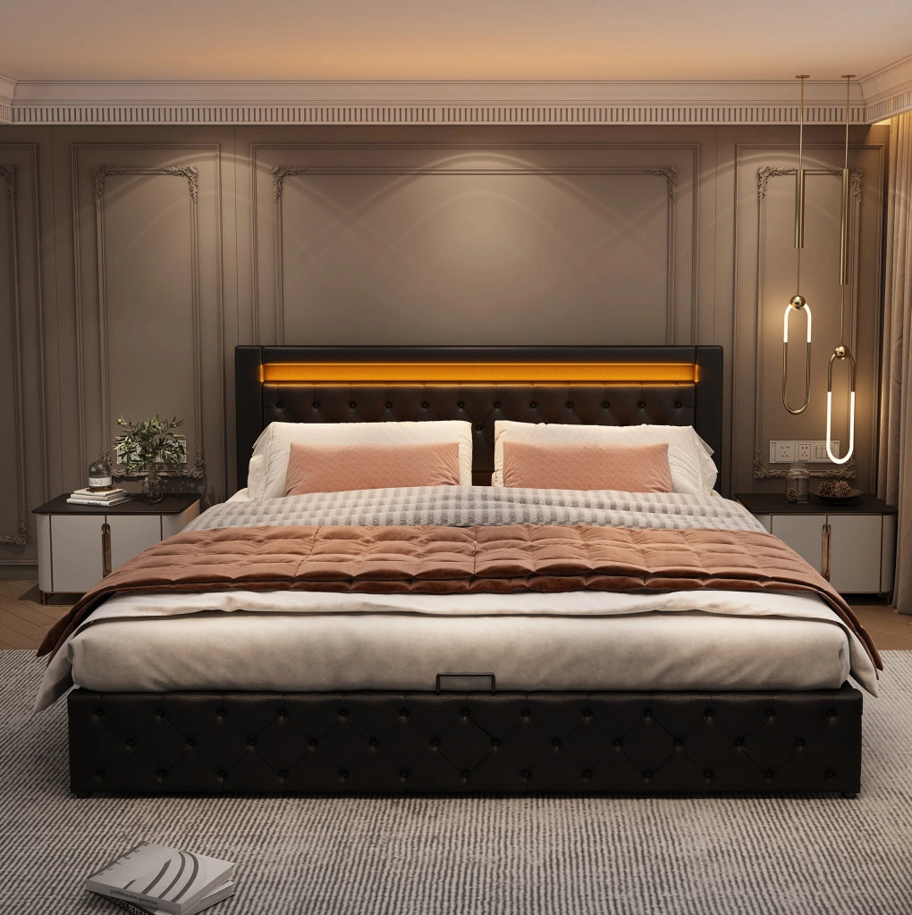 Letto imbottito 140 x 190 cm con contenitore e LED, nero