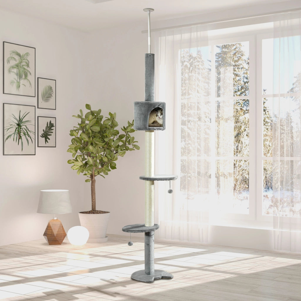 Albero tiragraffi per gatti con piattaforme, grotta e pali in sisal ¨C Zephmum ¨C Grigio chiaro, 255 cm