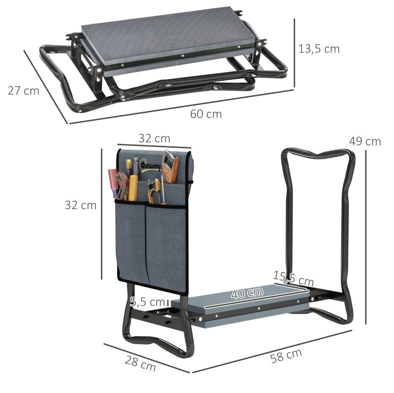 Kneeler da giardino pieghevole 58x28x49 cm in acciaio grigio con tasche portautensili