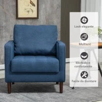 Poltrona Moderna in Tessuto Effetto Lino, Struttura in Legno e Imbottitura Spessa, 76x70x87cm, Blu