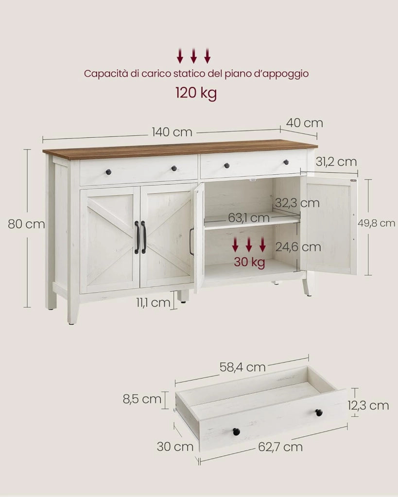 VASAGLE Credenza Cucina, Mobiletto con Cassetti, Mobile con Ante e Ripiani Regolabili in Altezza, Stile Farmhouse, per Soggiorno Sala da Pranzo, 40 x 140 x 80 cm, Bianco Rustico e Noce Medio BBK381W02
