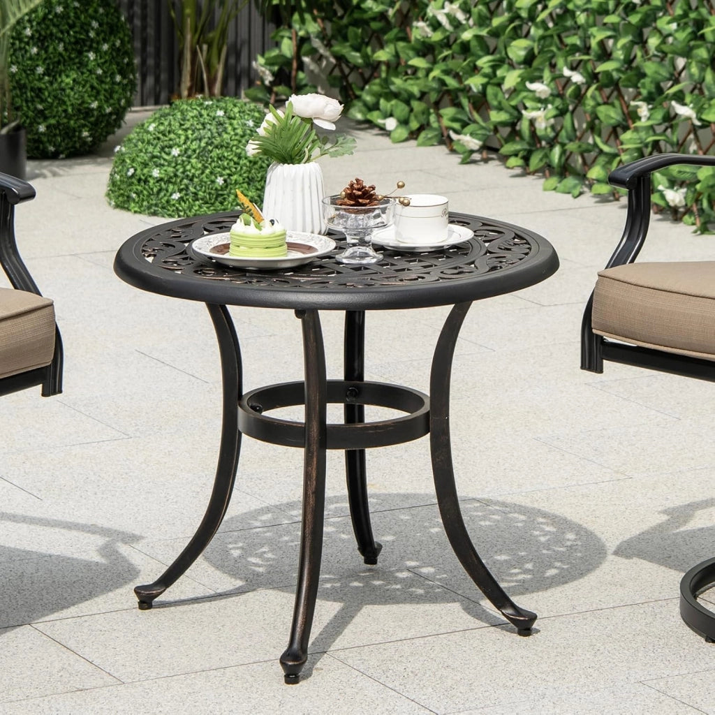 Tavolino da Giardino da 60 cm, Tavolino da Esterno in Alluminio Pressofuso con Piedini Regolabili, Tavolino in Metallo per Piscina, Terrazzo, Balcone, Porta 50 kg, 60 x 53 cm (Marrone Antico)