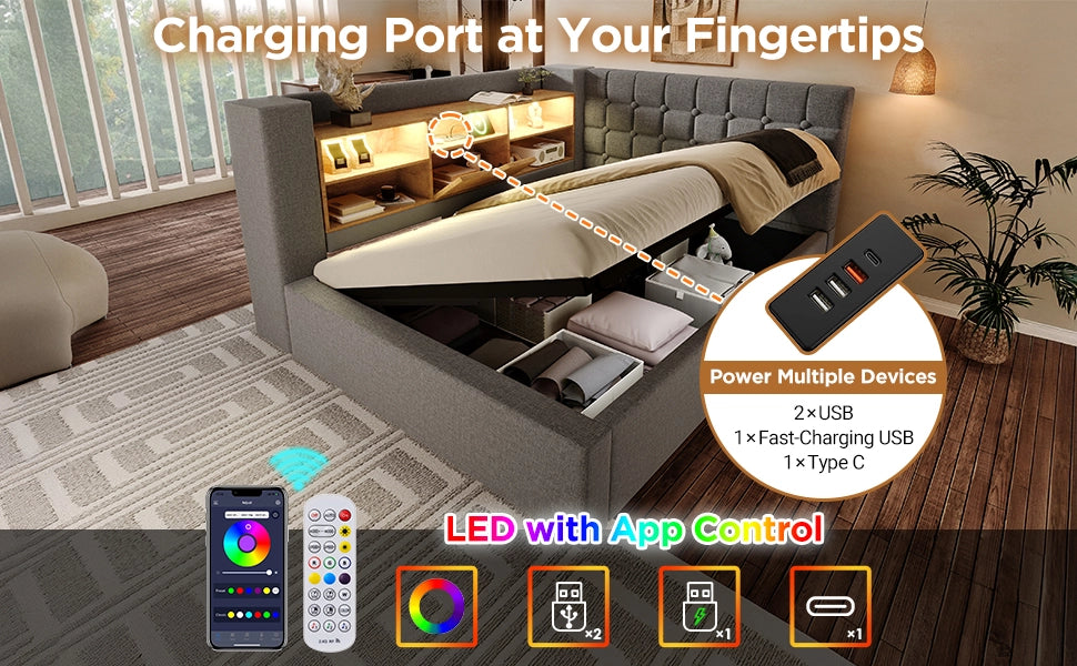 DESMIU Lit singolo 90 × 190 cm con LED, USB e Type-C, contenitore idraulico, senza materasso, grigio