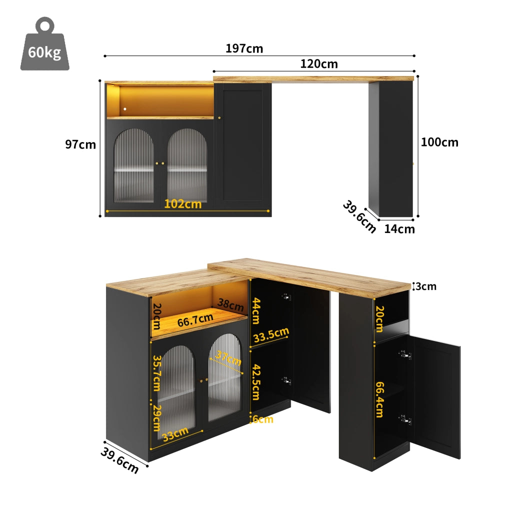 Mobile Bar con Piano Girevole 360; Ripiani Aperti; Anta in Vetro Rigato e LED per Cucina in MDF Nero