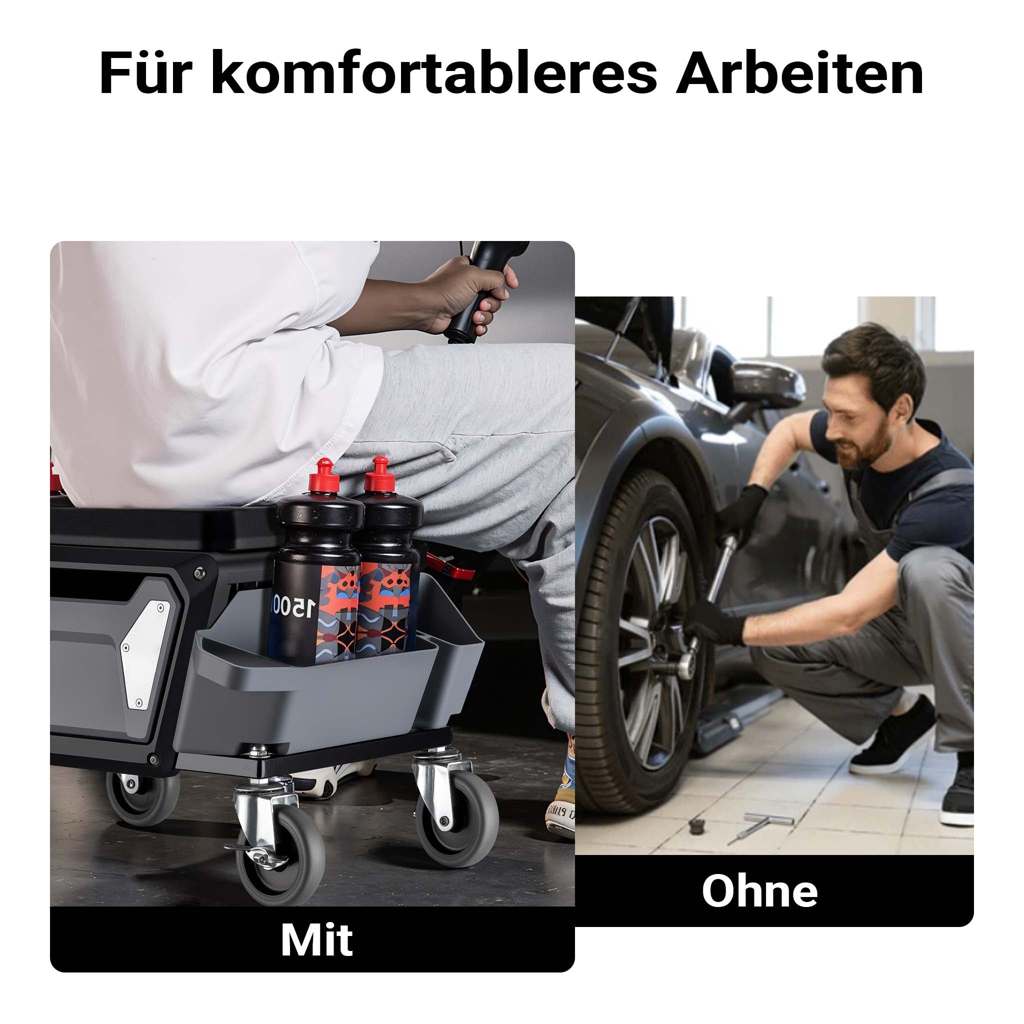 Sgabello da officina con ruote e porta attrezzi, sgabello mobile da meccanico, 120 kg di portata