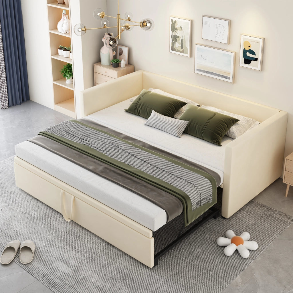 Letto estraibile imbottito singolo 90×200 cm e 180×200 cm con rete; senza materasso; beige