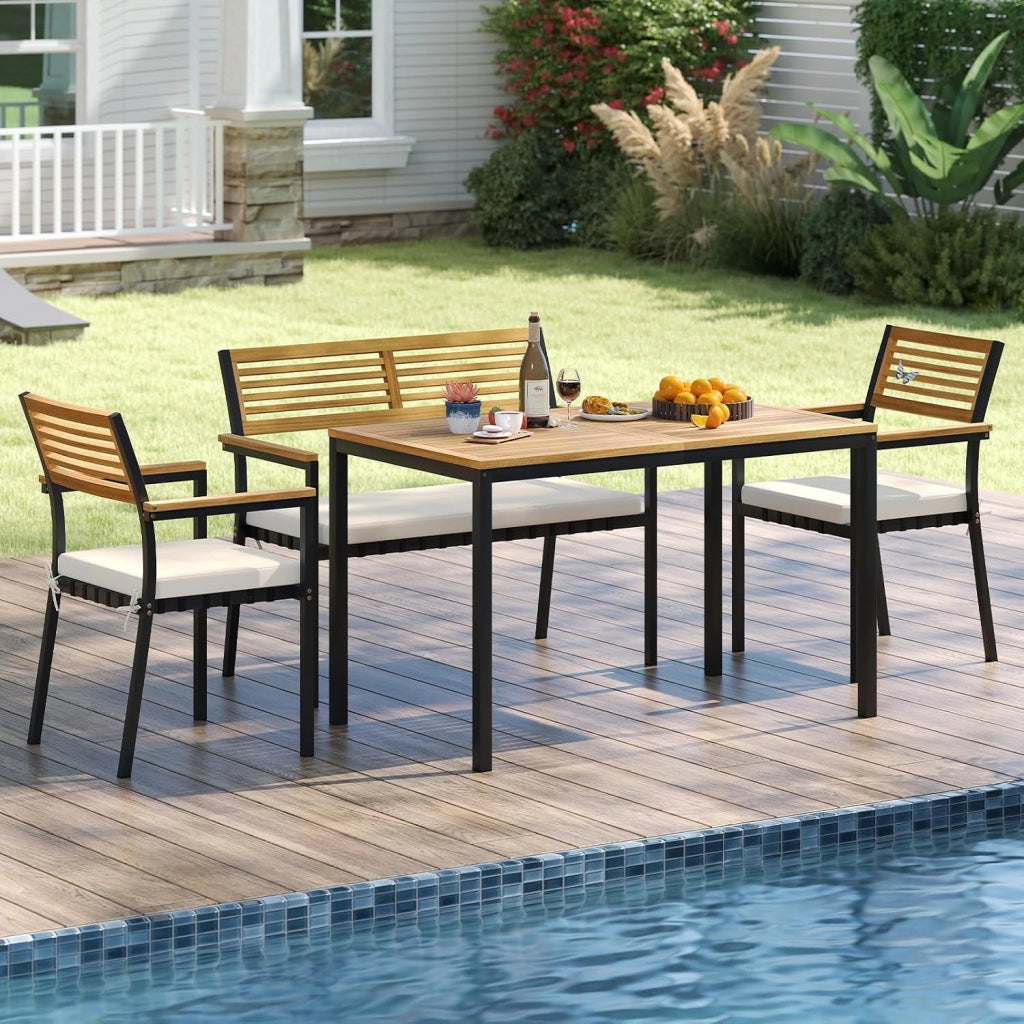 Set Pranzo da Giardino, Tavolo da Pranzo con 2 Sedie e Panca, Mobili da Esterno Ergonomiche Legno di Acacia con Foro per Ombrellone e Comodi Cuscini, per Bordo Piscina, Terrazza