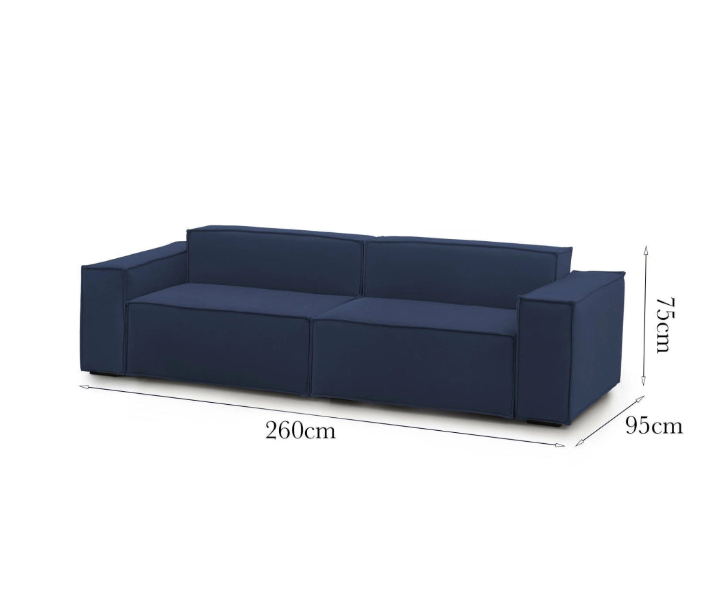 Divano fisso Argo, Divano componibile a 3 posti lineare, Made in Italy, SofÒ  moderno da soggiorno in tessuto, Cm 260x95h70, Blu