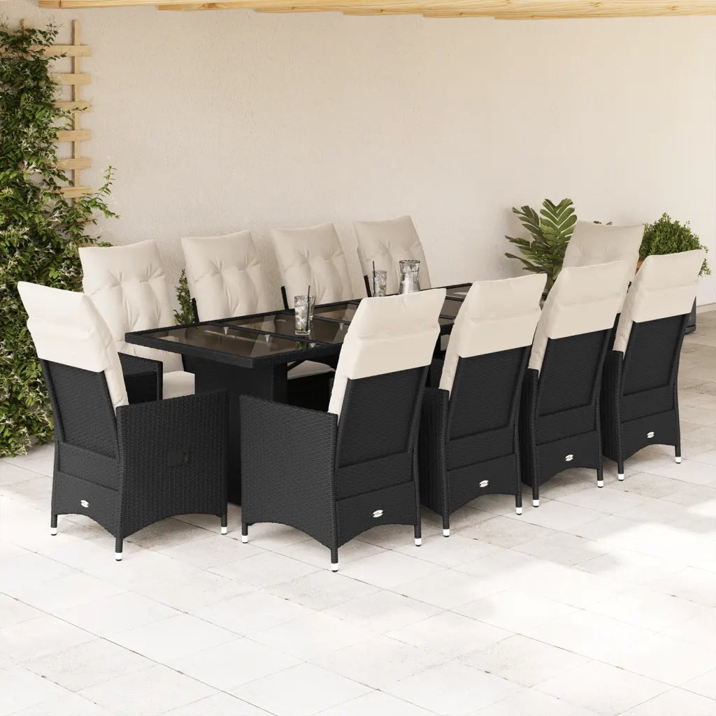 Set da BistrÃ² da Giardino 11 pz con Cuscini Nero in Polyrattan