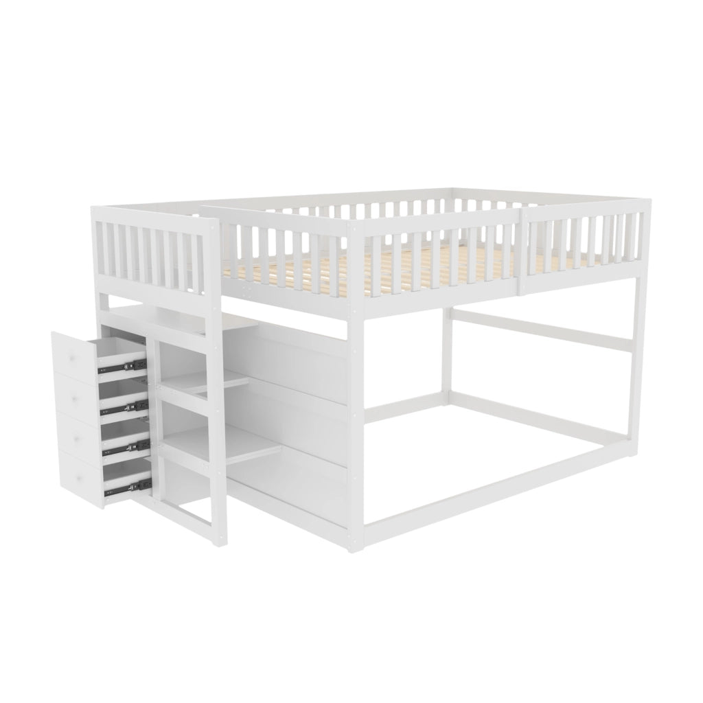 OKWISH Letto a Castello Basso 140×200 cm, Letto Matrimoniale con 4 Cassetti e Scala, Sponde Alte, senza Materasso, in Legno, Bianco