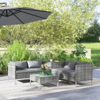 Set da Giardino 4 Pezzi con 2 Divani 2 Posti, Tavolino da Caffè e Tavolino Alto, in Acciaio e Rattan