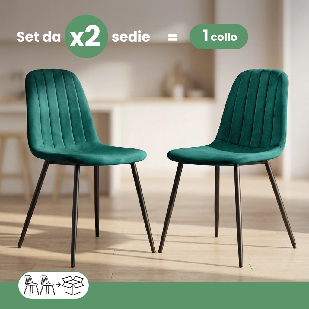 Set di 2 Sedie in velluto trapuntate LUMO Verde Bottiglia gambe nere
