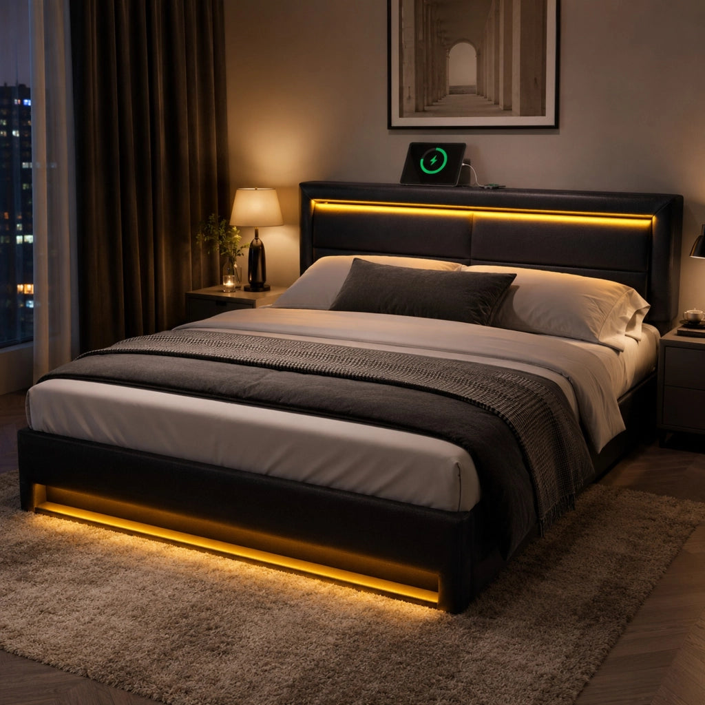 Letto imbottito 140x190 cm con LED, USB e ricarica wireless