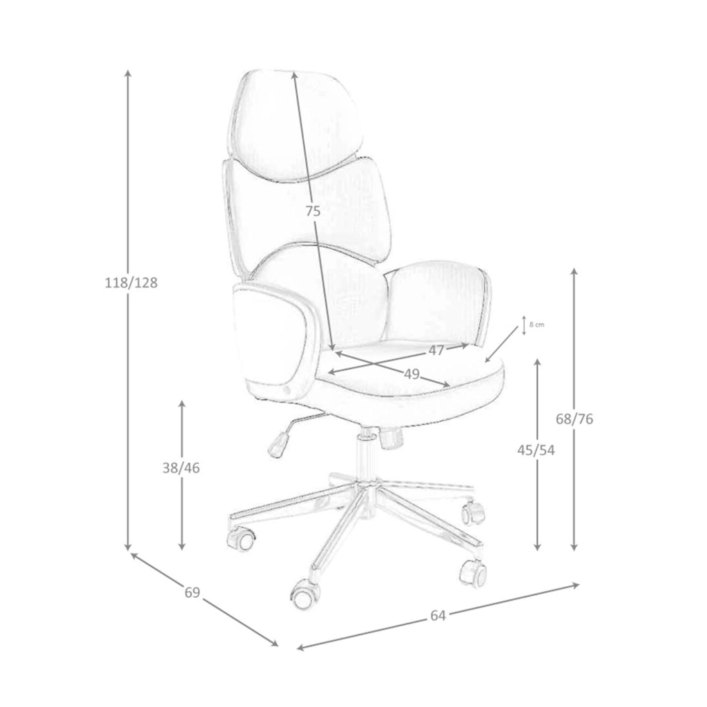 Sedia girevole da ufficio in tessuto grigio chiaro e pvc bianco lucido
