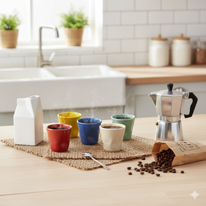 Set 6 Tazzine da caffè Accartocciati Multicolor con Lattiera Bianca in Gres Kaleidos