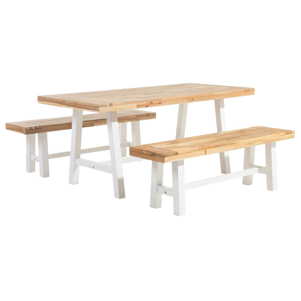 Set da pranzo da giardino Piano in legno chiaro Gambe bianche da esterno 3 pezzi Tavolo rettangolare in legno di acacia 2 panche