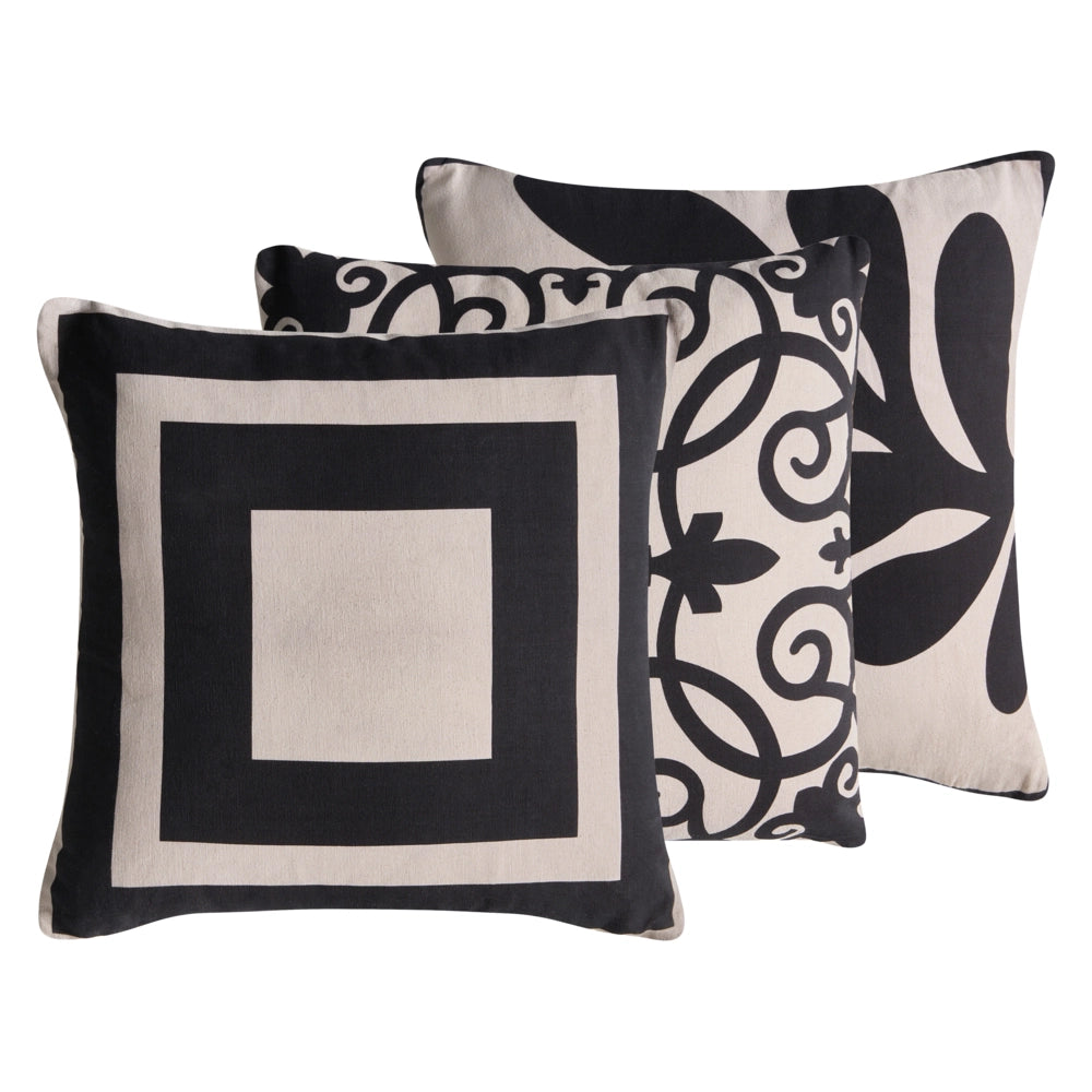 Set di 3 cuscini decorativi in tessuto di cotone beige e nero con motivo astratto 45 x 45 cm Cuscino decorativo