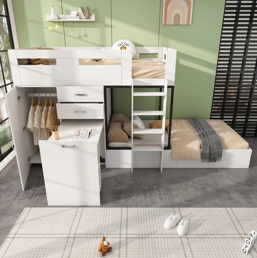 Letto a castello multifunzionale con scrivania estraibile, armadio e spazio contenitivo