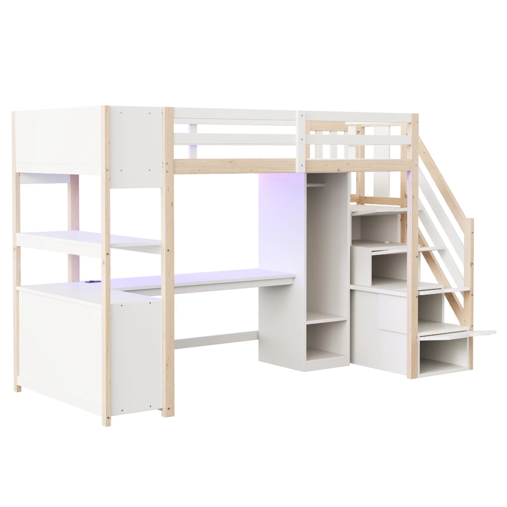 Letto a Soppalco con Scrivania e Armadio ¨C MINIMAL ¨C Legno, LED, 90x200
