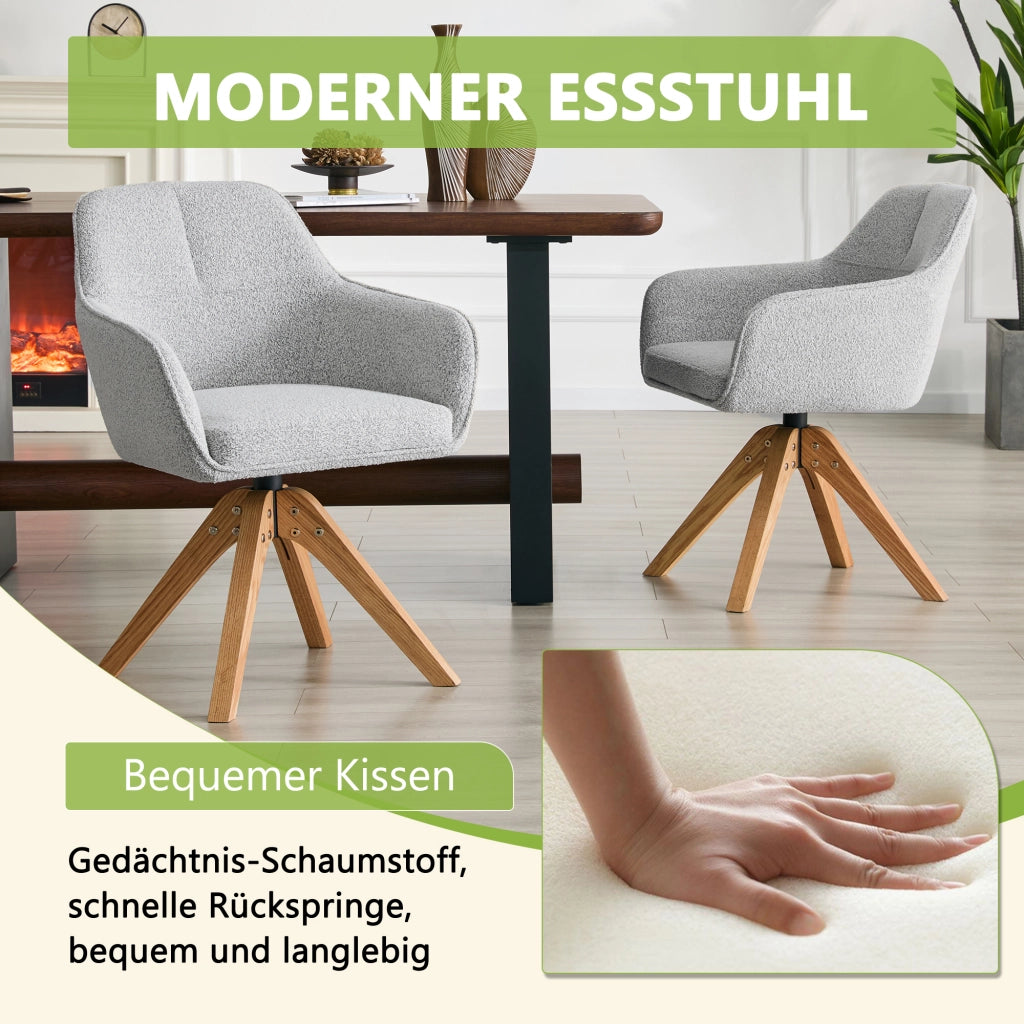 Sedia da pranzo girevole a 360° con braccioli e schienale ergonomico, in tessuto grigio e legno massello, set da 2