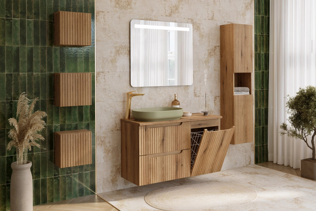 Set mobili bagno 90 cm con piano e mobile con cesto portabiancheria Nova Coast Evoke 90 cm