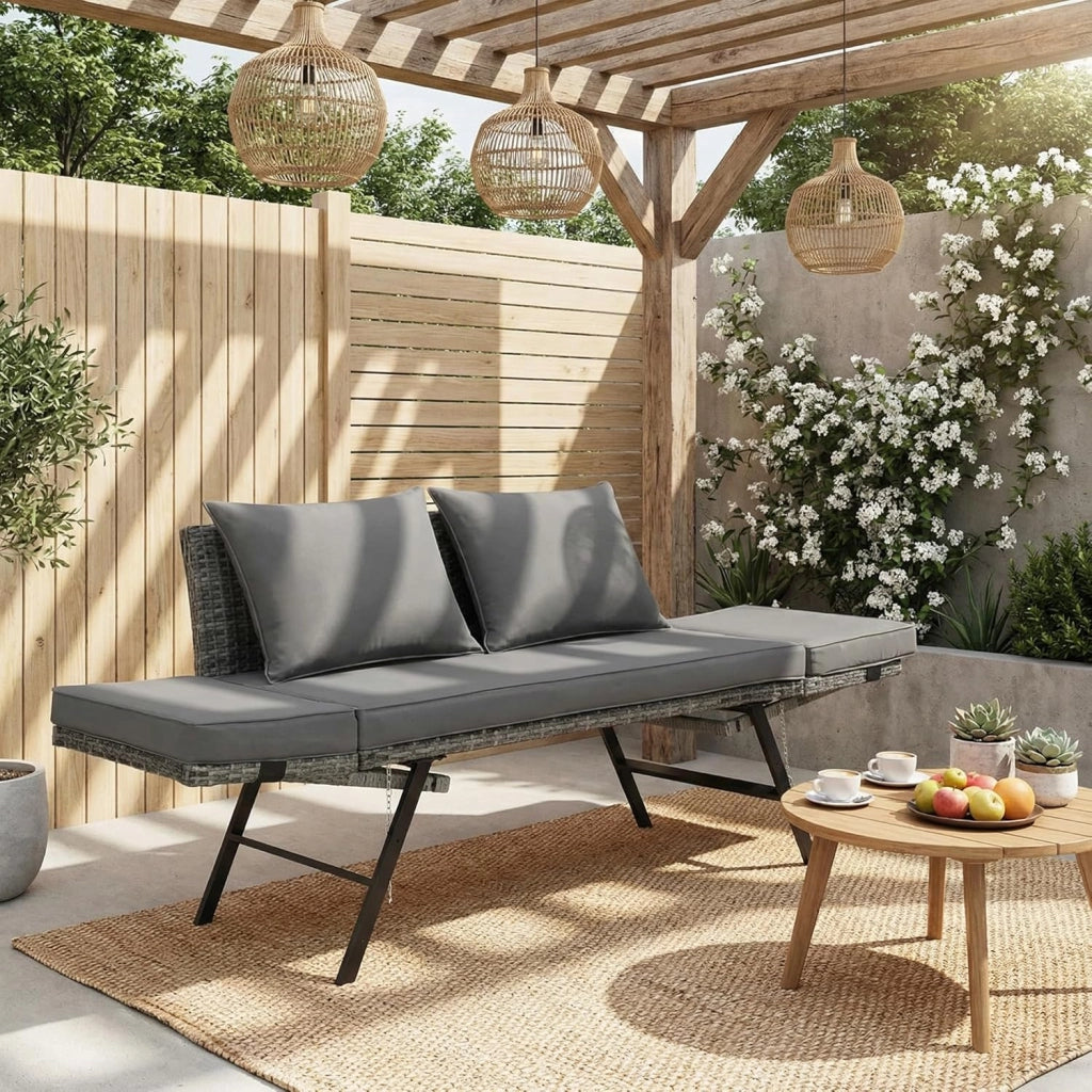 Panchina da giardino in polyrattan con funzione sdraio, 2 posti, divano da giardino in rattan con braccioli regolabili, terrazzo, divano da balcone resistente alle intemperie, colore: grigio