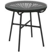 Tavolino da Giardino in Stile Boho in Rattan PE, Superficie in Vetro Temperato, 50x50x50 cm, Nero