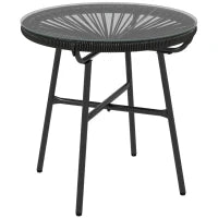 Tavolino da Giardino in Stile Boho in Rattan PE, Superficie in Vetro Temperato, 50x50x50 cm, Nero
