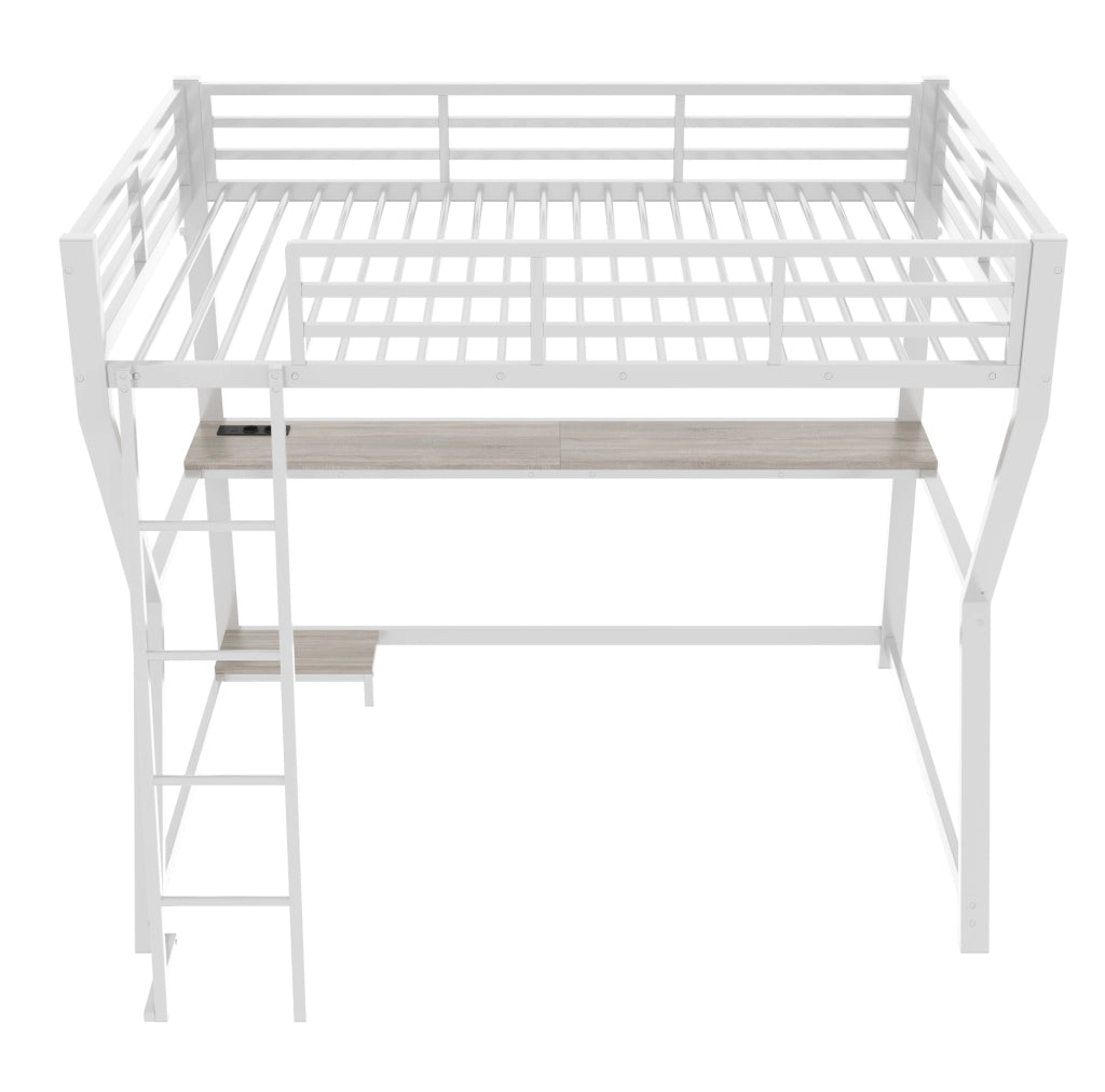 Letto a soppalco ULEVR 90x200 cm con scrivania, LED con telecomando, presa USB e scaletta, bianco