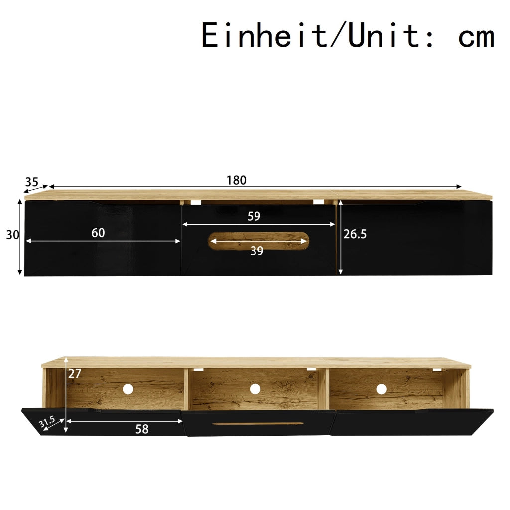 OKWISH Mobile TV con 3 Ante e LED, Montaggio a Terra o Parete, Stile Moderno, per Soggiorno, MDF, Nero e Legno, 180 x 35 x 30 cm