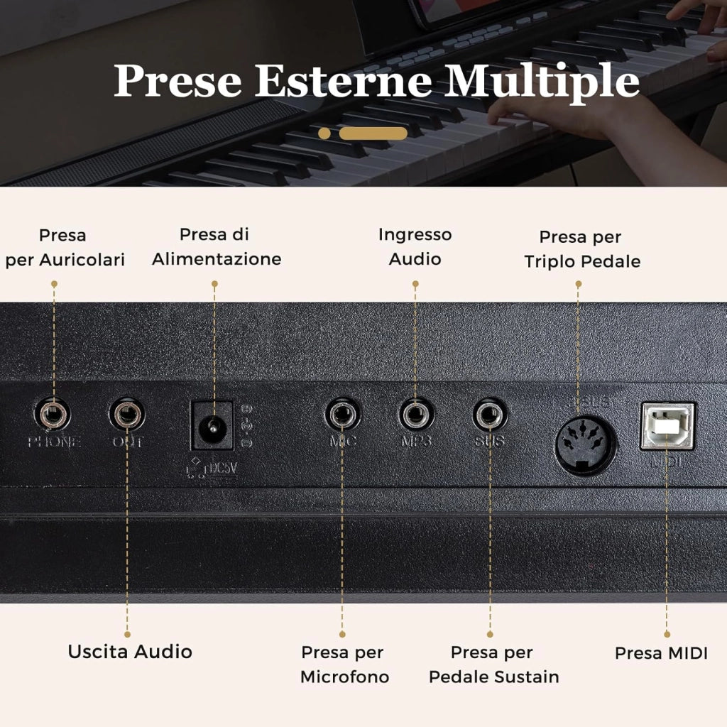 Tastiera Pianoforte Elettrico a 88 Tasti, Piano Digitale con Supporto e Sgabello Regolabili, Tastiera Sensibile, Tasti e Pulsanti Illuminati, Funzione MIDI, Pedale di Sustain, Cuffie (Nero)