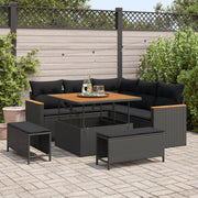 Set divano da giardino 8 pezzi con cuscini Polyrattan nero Acacia