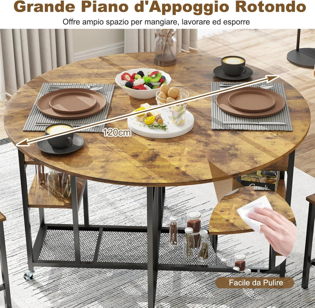 Set da Pranzo Pieghevole a 3 Pezzi, Tavolo da Cucina Rotondo con Ampio Piano e 2 Sgabelli, Scaffali e 6 Ruote Universali, Tavolo da Pranzo per Soggiorno, Sala da Pranzo e Cucina