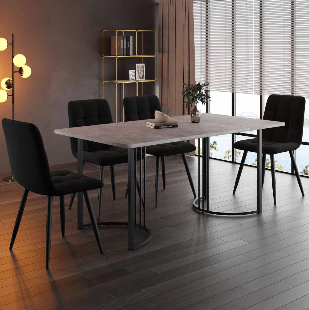 Set da pranzo 5 pezzi con tavolo 140x80 cm e 4 sedie in velluto grigio