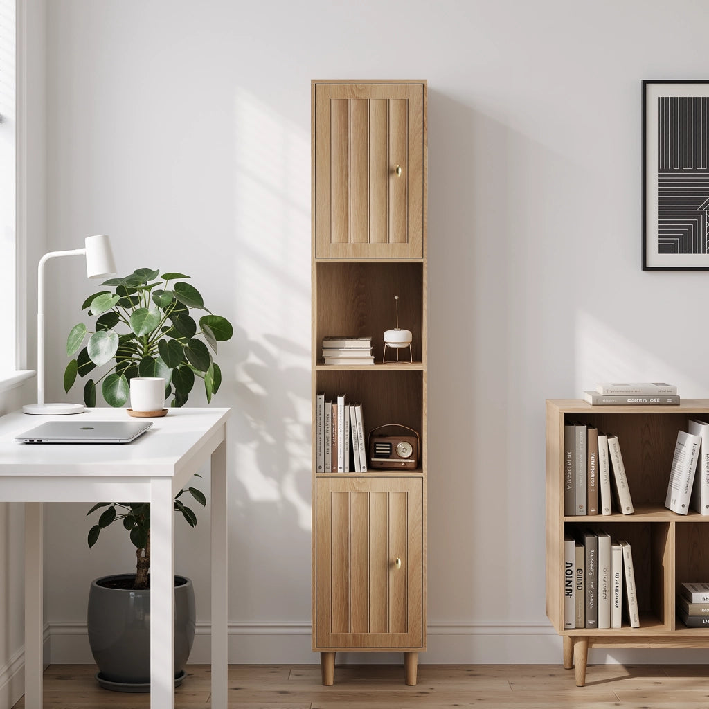 Armadietto da bagno con ante e vani aperti, stile mid-century, in MDF, rovere, per bagno e ingresso, 32 × 30 × 169 cm